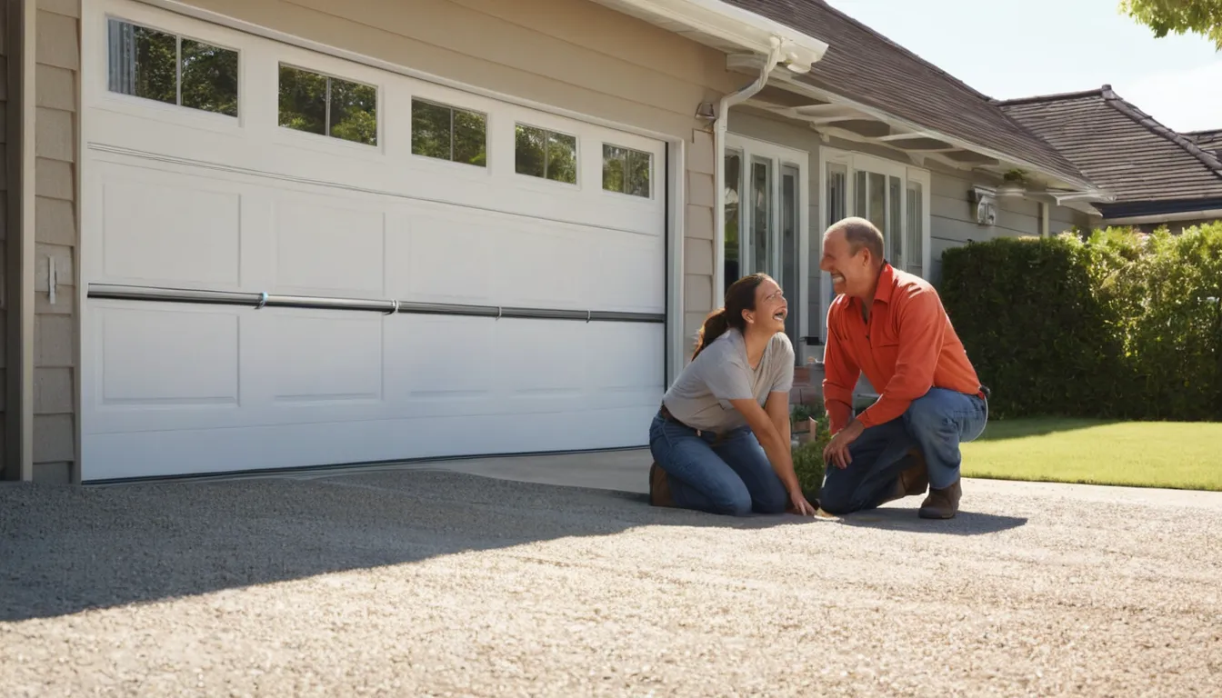 A provider checking garage door track alignment for a homeowner in the Pacifica area